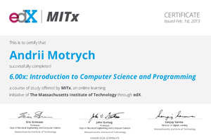 Andrii Motrych 6.00x MITx Certificate